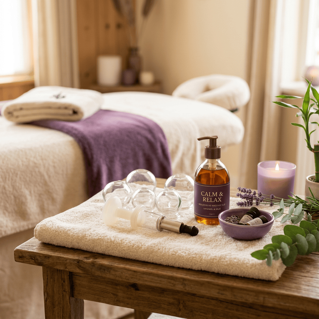 Massagebenodigdheden op handdoekje met cupping set